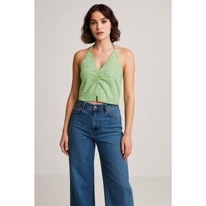 Elodie Gingham Halter Top XL Green Yellow Ruched Crop Tank Y2K Festival Cami